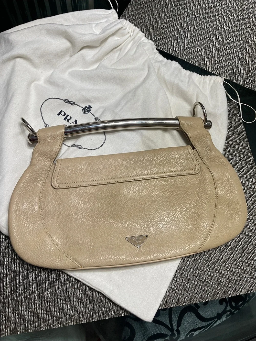 Prada Taupe Pebbled Leather Vitello Daino Bar Bag